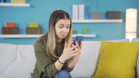 Happy-teenage-girl-browsing-social-media-posts,-browsing-mobile-apps.